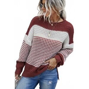 NEW SUPREME FASHION color block knit long sleeve sweater in rust